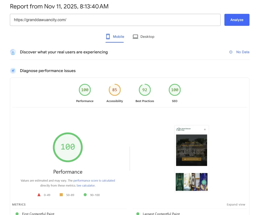 Pagespeed dari website grand dawuan city